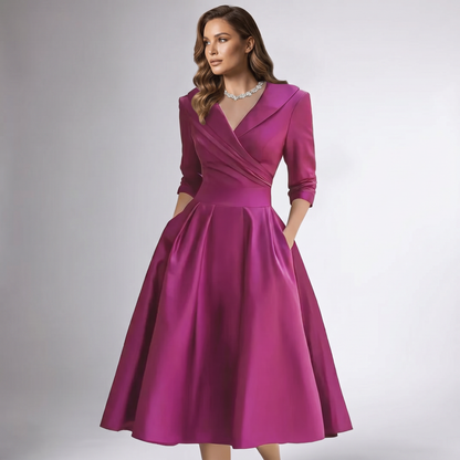 Women A-Line Midi Dress Shawl Collar Pockets Wedding Guest - Image 15