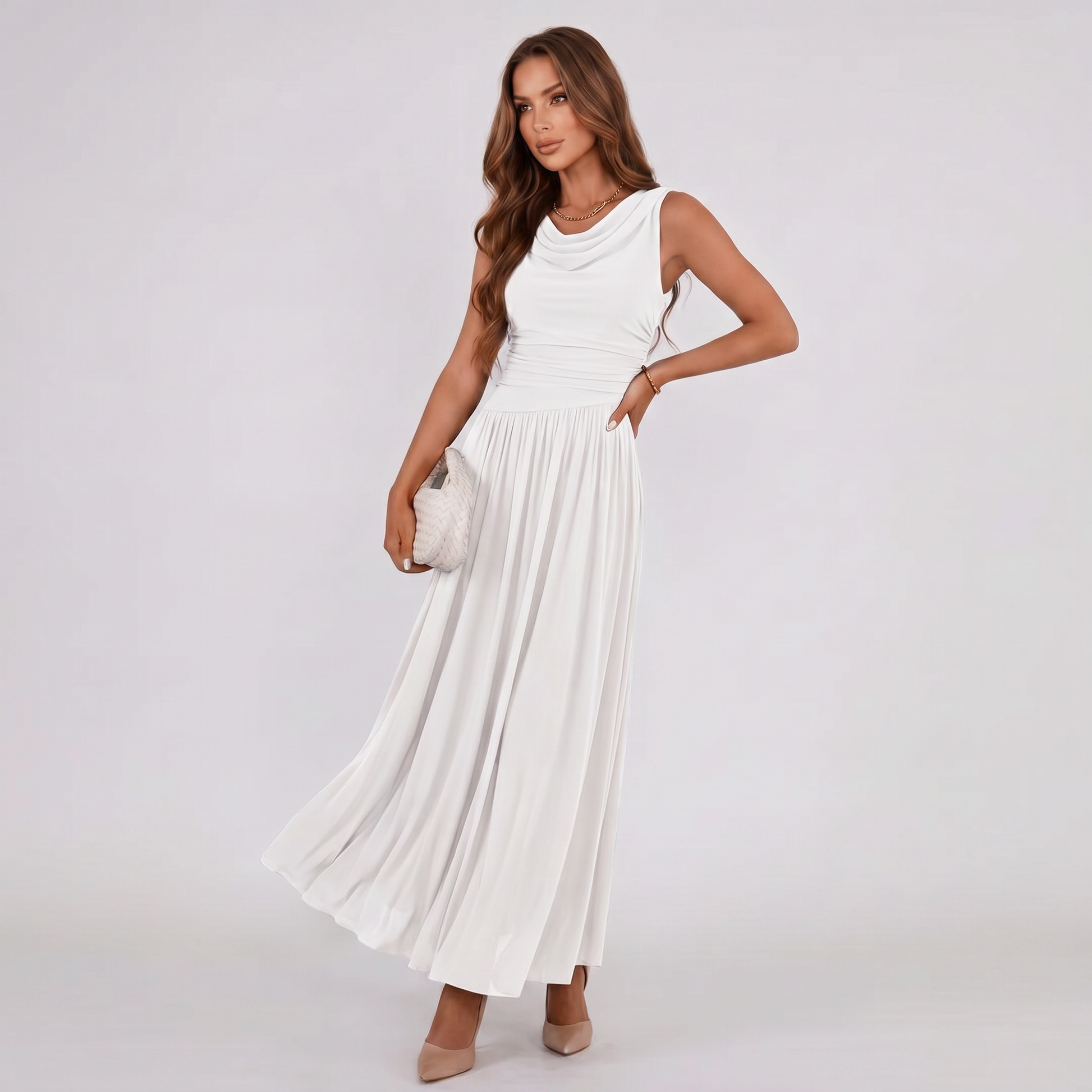 Women Draped Neck Pleated Midi Dress Wedding Guest - Image 4