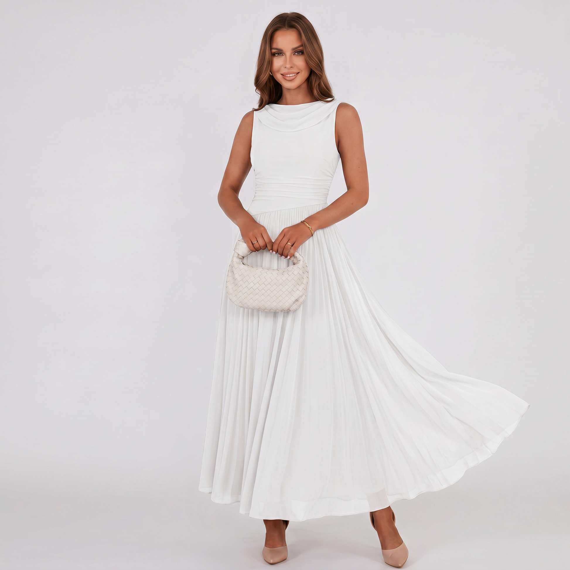 Women Draped Neck Pleated Midi Dress Wedding Guest - Image 2
