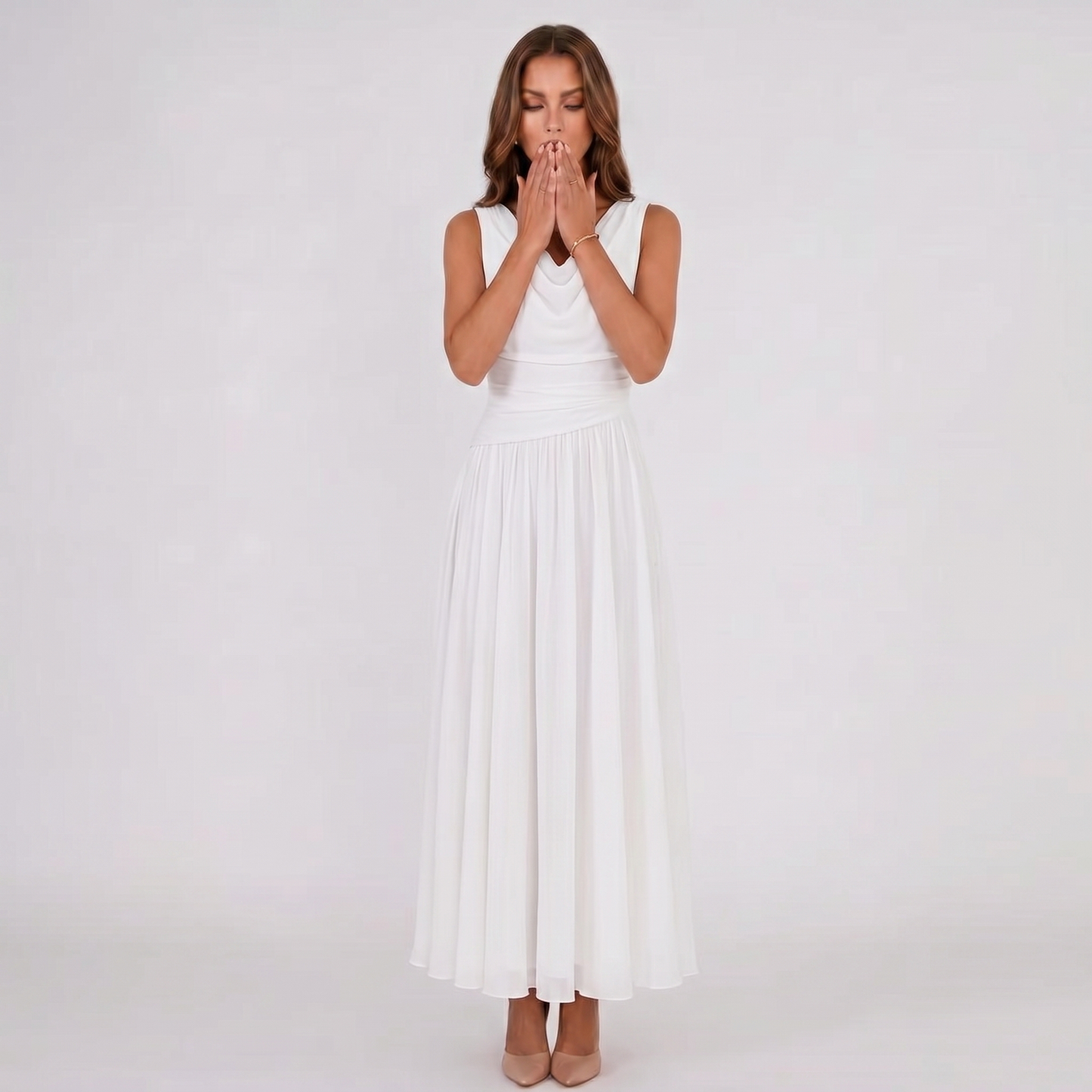 Women Draped Neck Pleated Midi Dress Wedding Guest