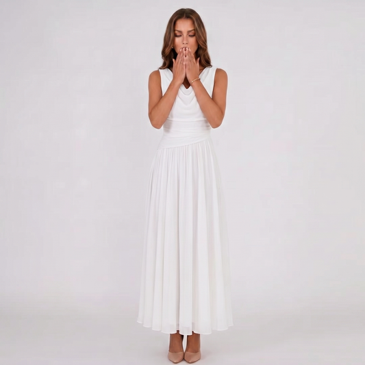 Women Draped Neck Pleated Midi Dress Wedding Guest