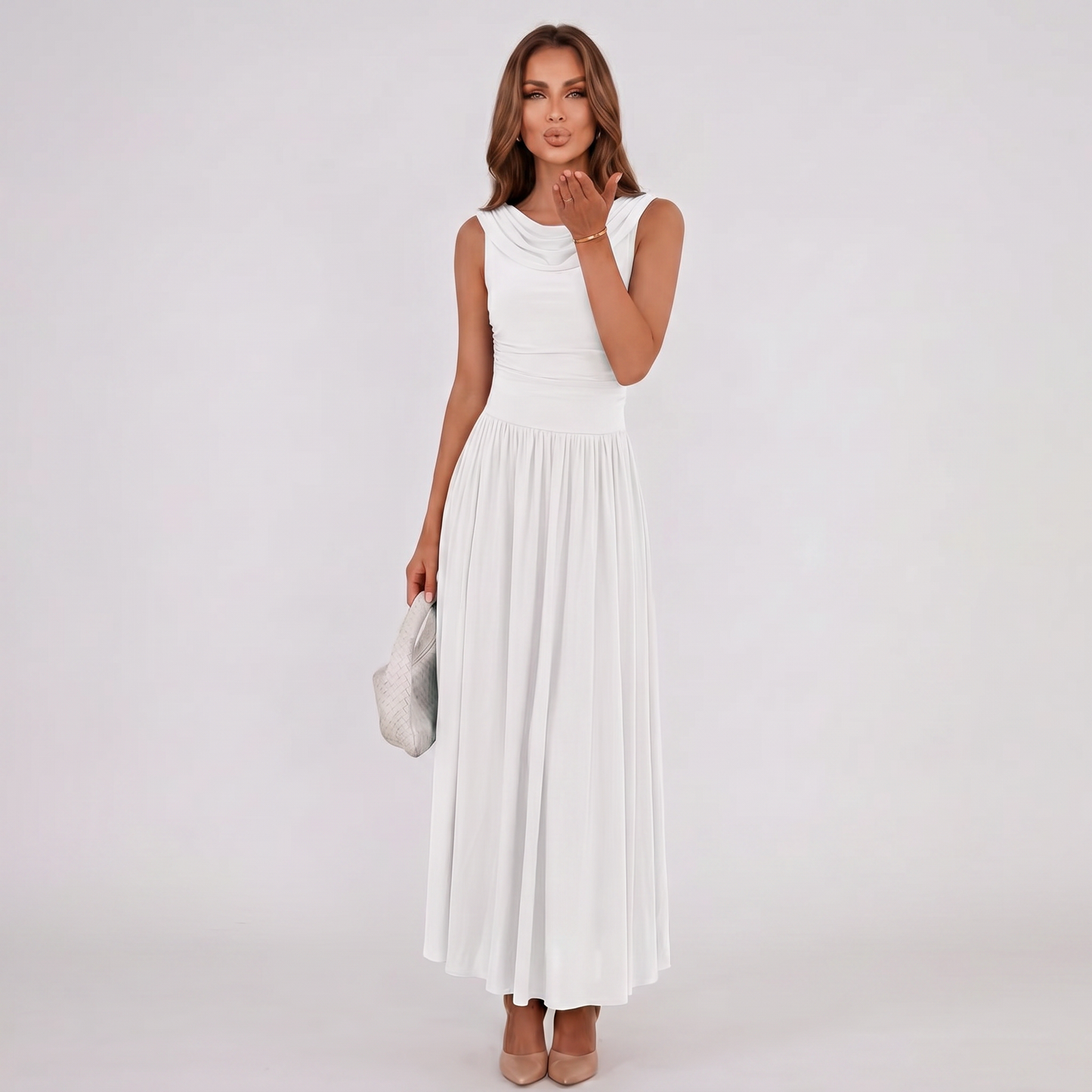 Women Draped Neck Pleated Midi Dress Wedding Guest - Image 3