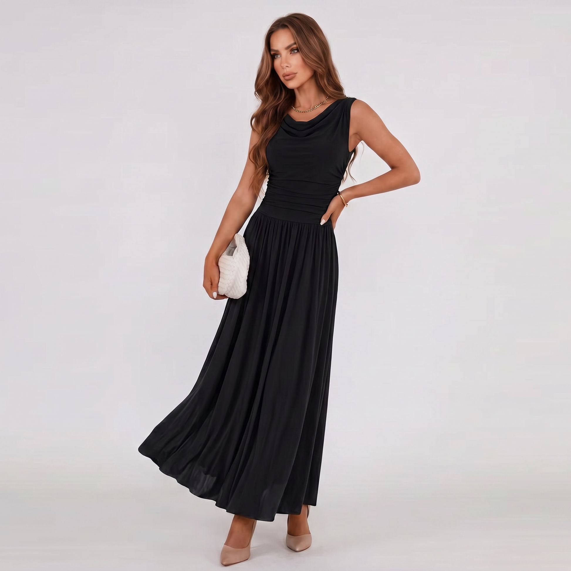 Women Draped Neck Pleated Midi Dress Wedding Guest - Image 7