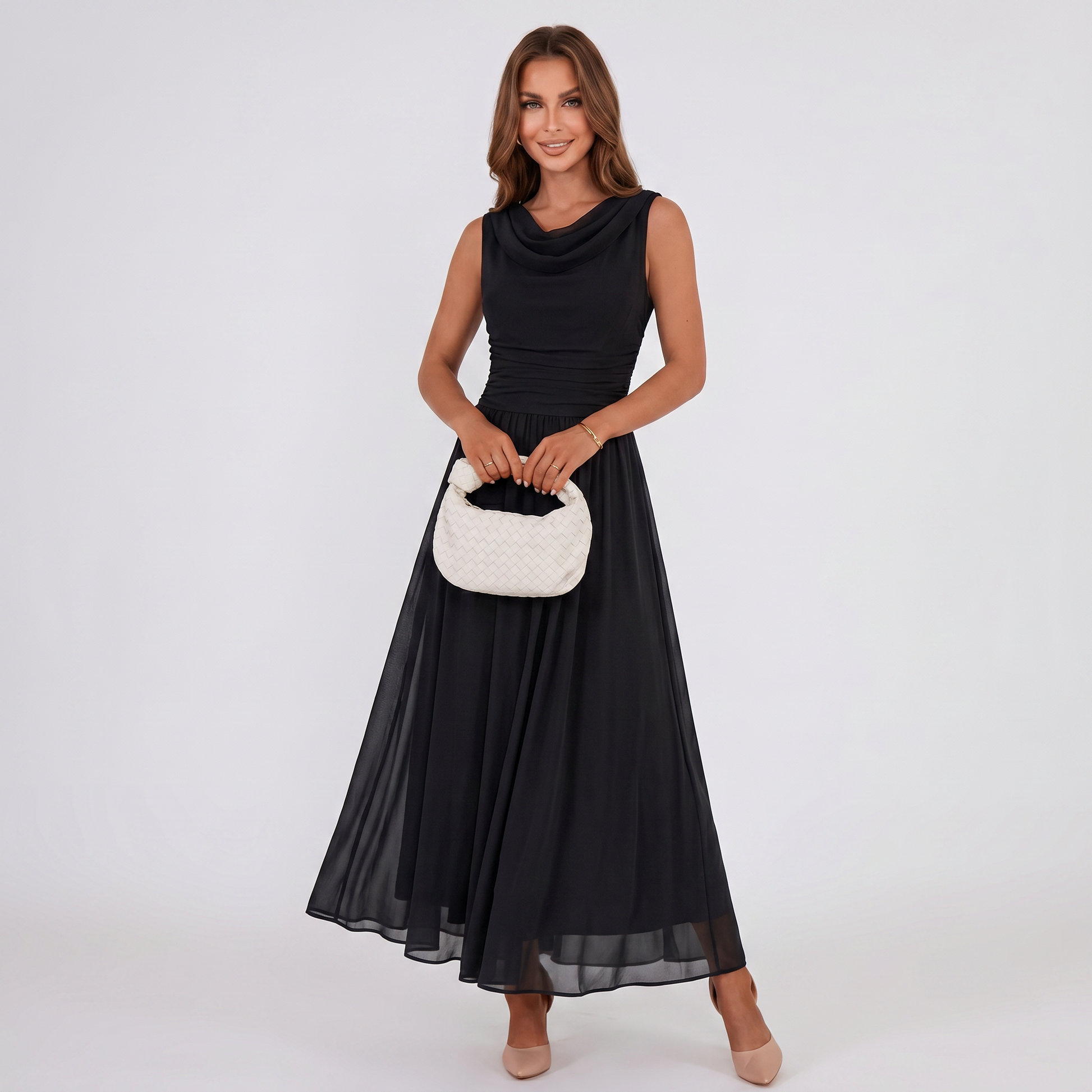 Women Draped Neck Pleated Midi Dress Wedding Guest - Image 5