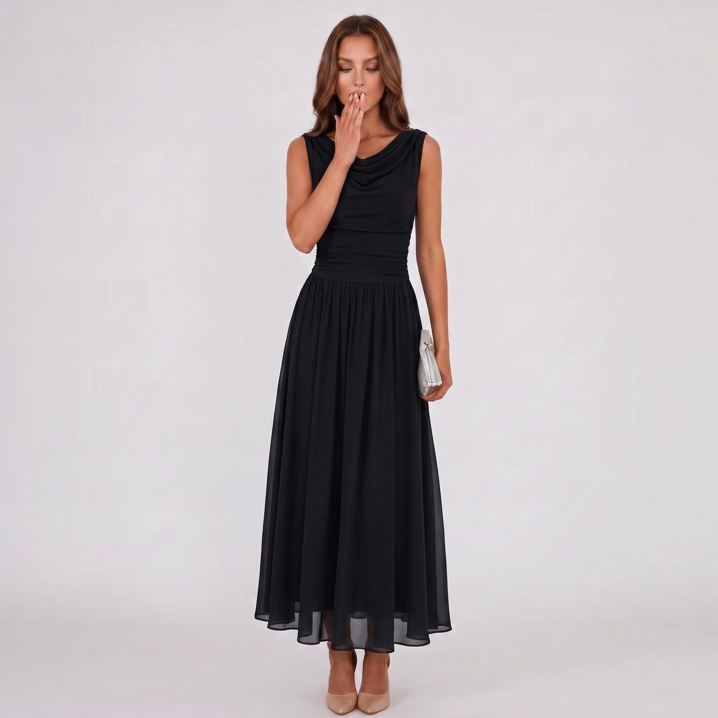 Women Draped Neck Pleated Midi Dress Wedding Guest - Image 6