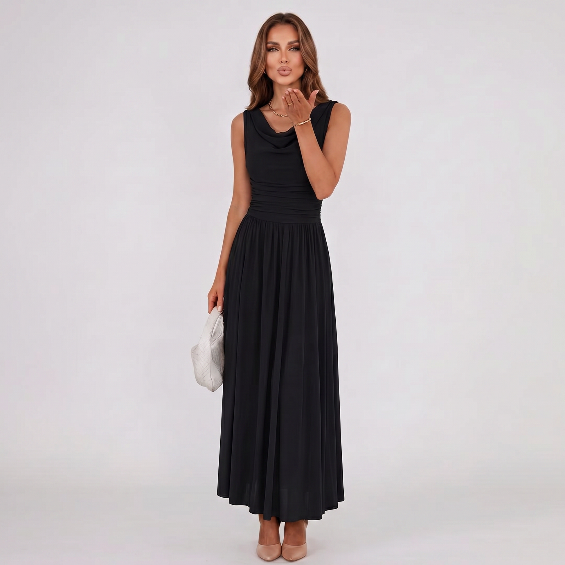 Women Draped Neck Pleated Midi Dress Wedding Guest - Image 8