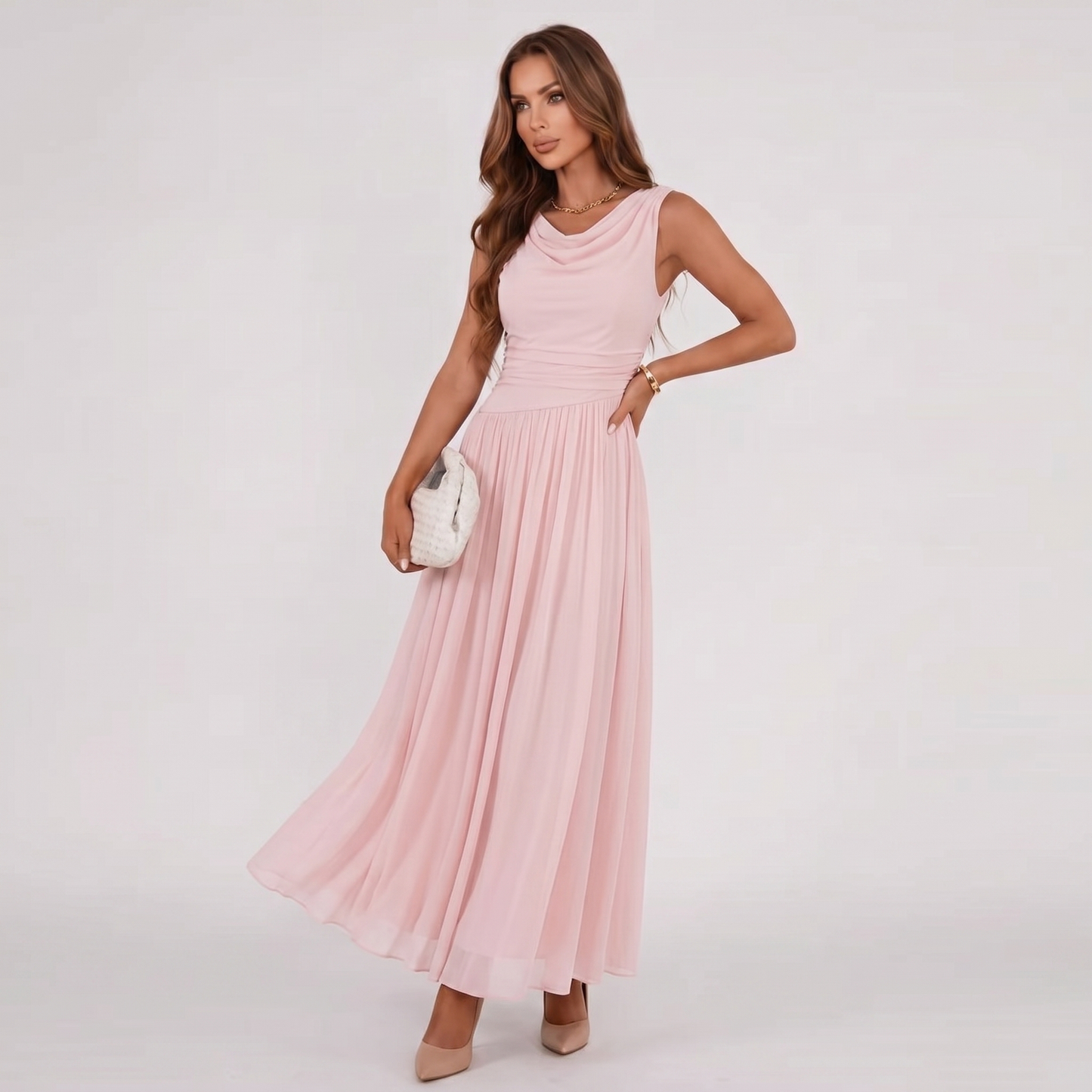 Women Draped Neck Pleated Midi Dress Wedding Guest - Image 10