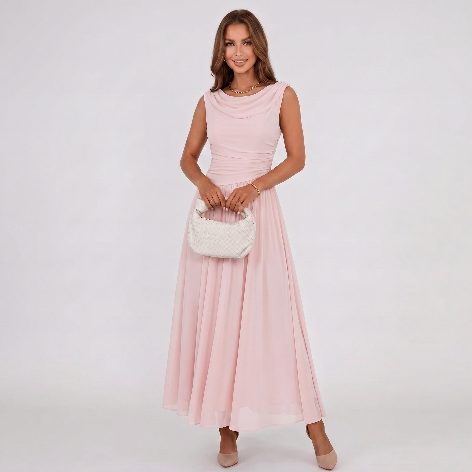 Women Draped Neck Pleated Midi Dress Wedding Guest - Image 9