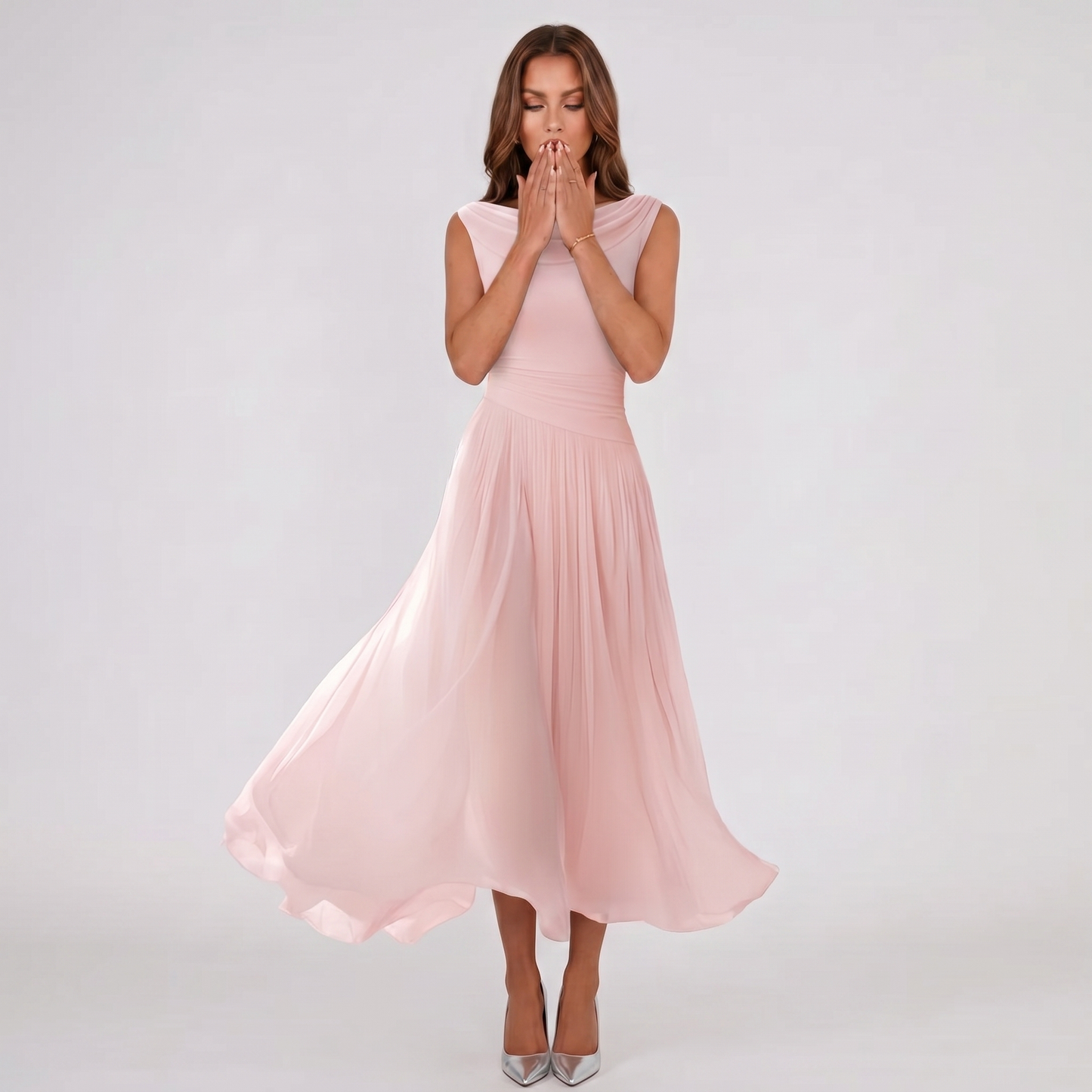 Women Draped Neck Pleated Midi Dress Wedding Guest - Image 12