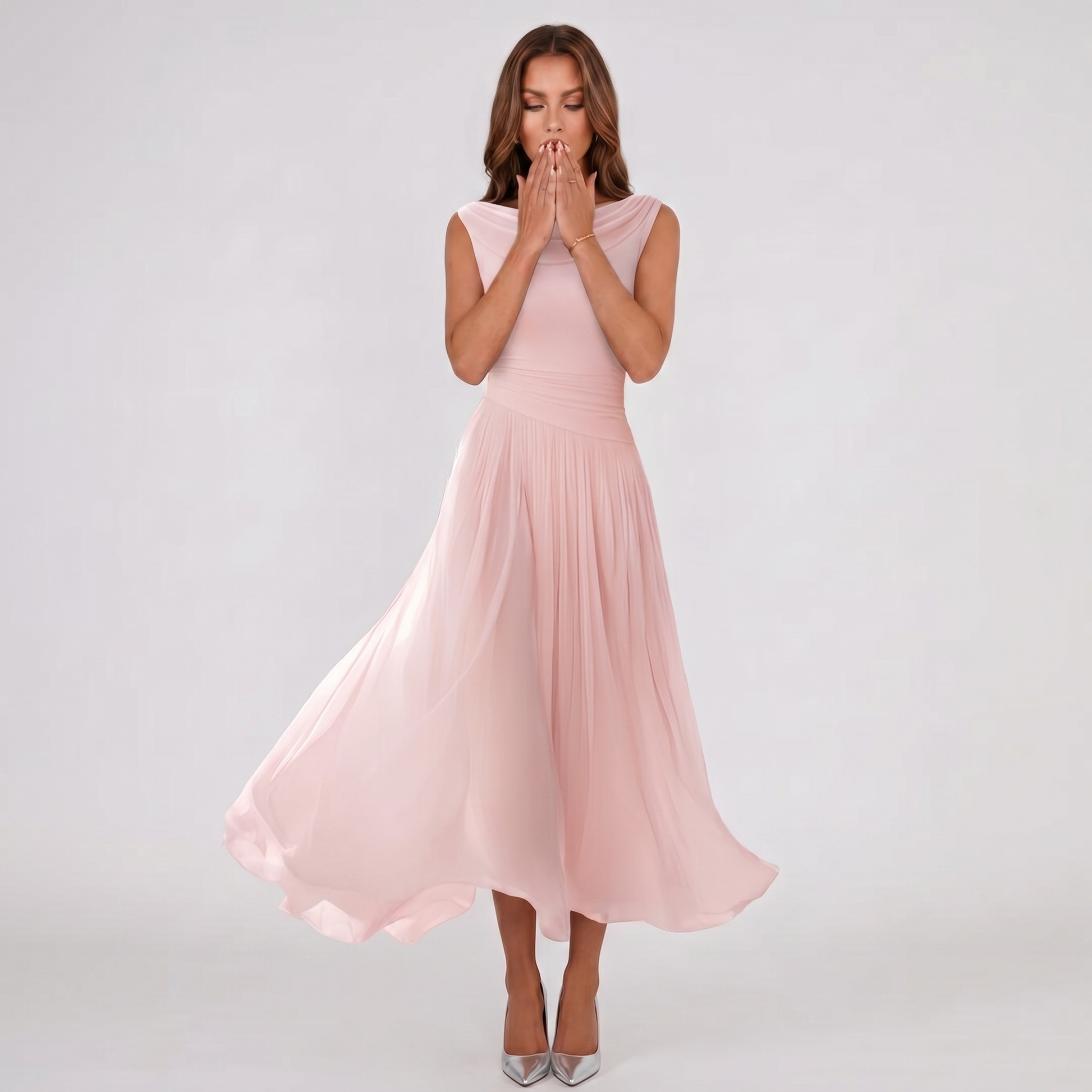 Women Draped Neck Pleated Midi Dress Wedding Guest - Image 12