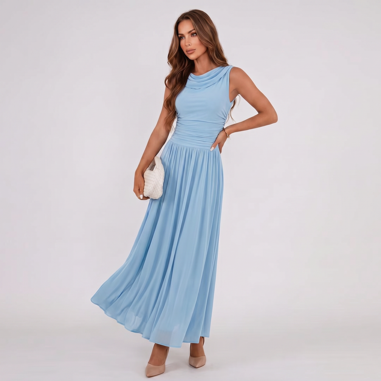 Women Draped Neck Pleated Midi Dress Wedding Guest - Image 14