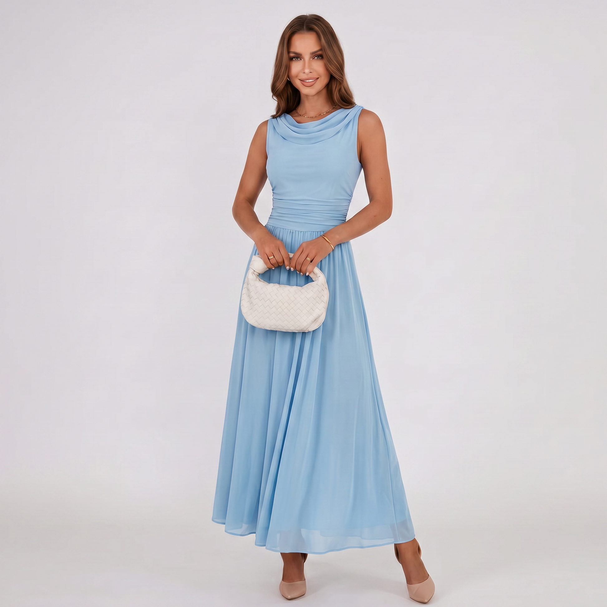 Women Draped Neck Pleated Midi Dress Wedding Guest - Image 13