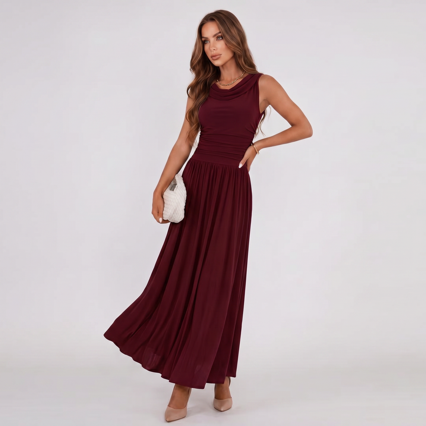 Women Draped Neck Pleated Midi Dress Wedding Guest - Image 18