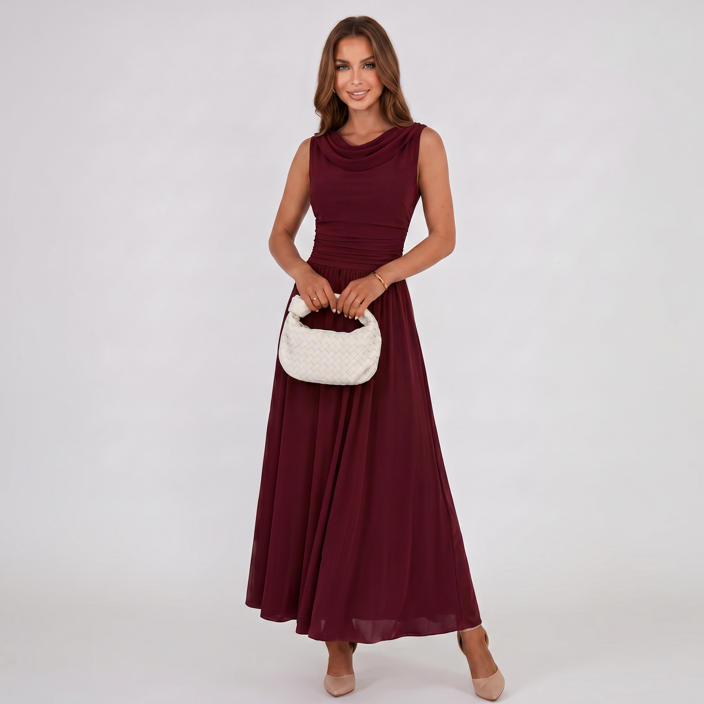 Women Draped Neck Pleated Midi Dress Wedding Guest - Image 17