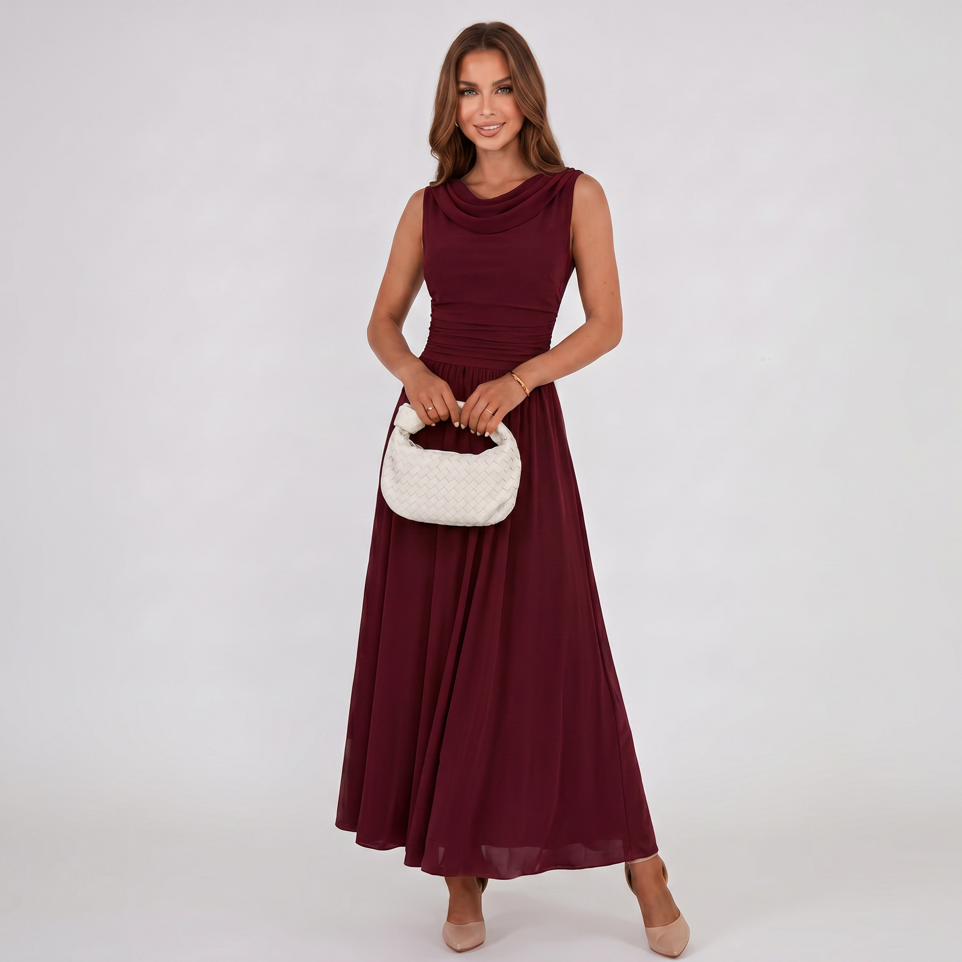 Women Draped Neck Pleated Midi Dress Wedding Guest - Image 17