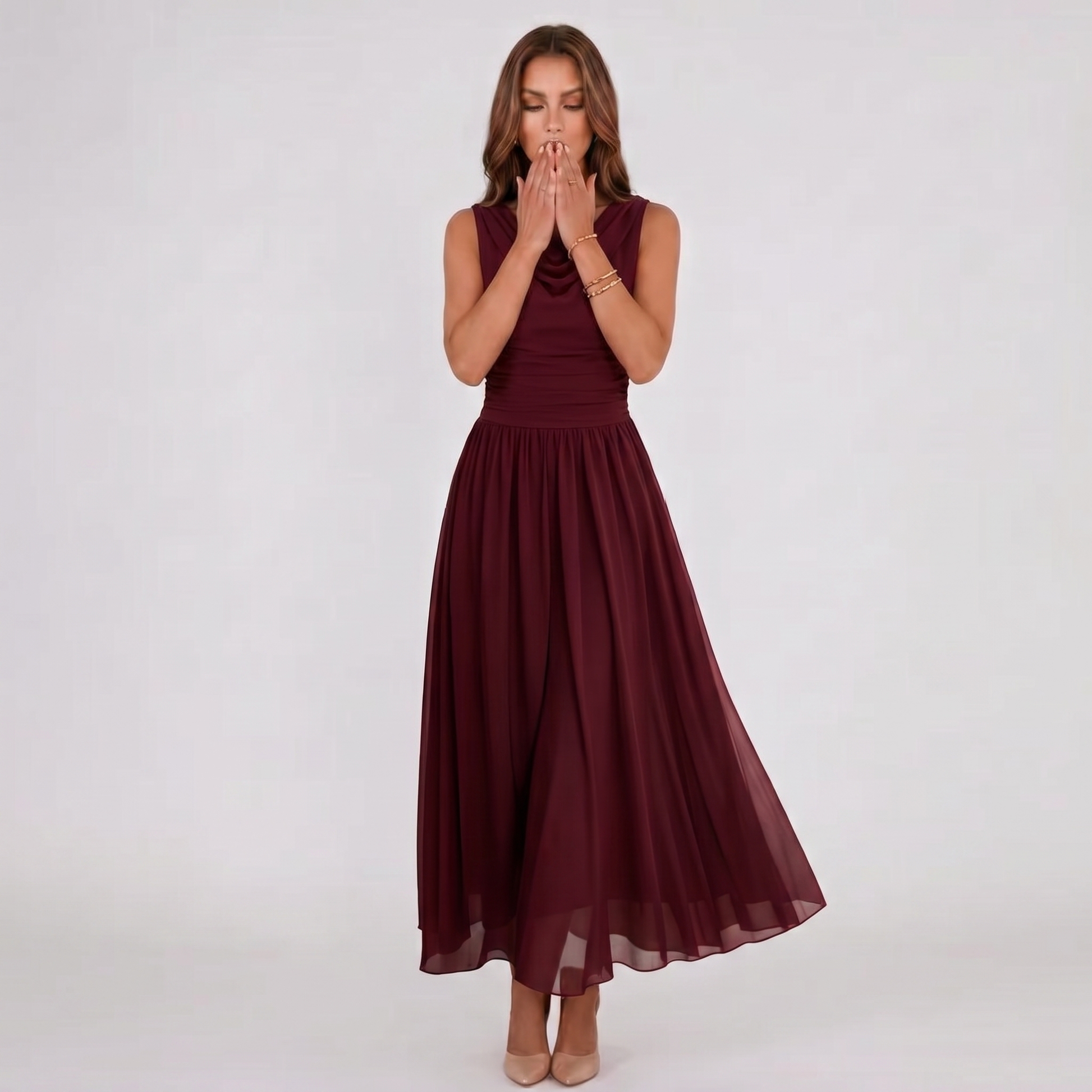 Women Draped Neck Pleated Midi Dress Wedding Guest - Image 19
