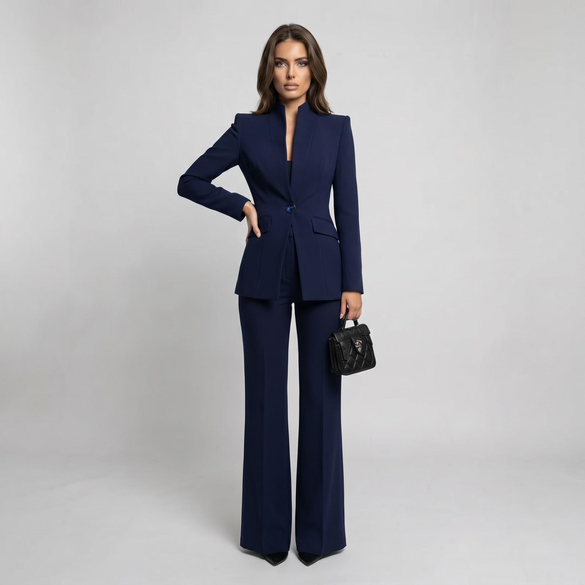 Women 2 Piece High Collar Blazer Trouser Set - Image 2