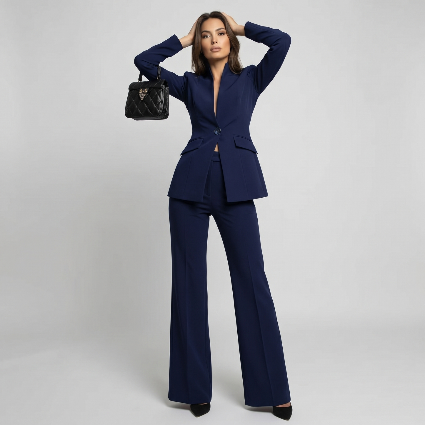 Women 2 Piece High Collar Blazer Trouser Set - Image 3