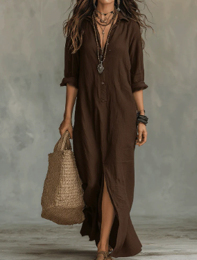 Women's Linen Maxi Dress Button Front Flowy Summer - Image 7