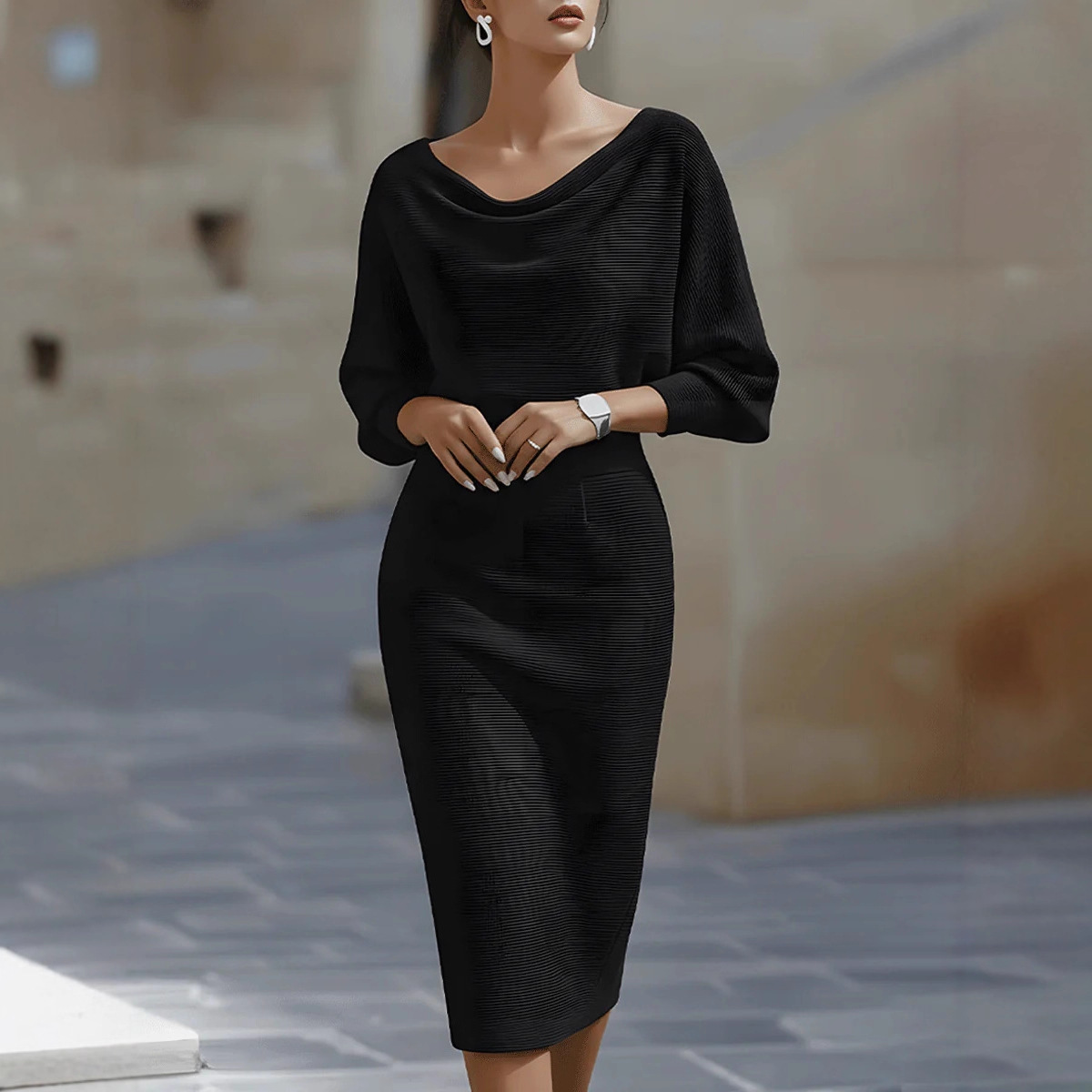 Biancelle - Draped Batwing Sleeve Midi Dress