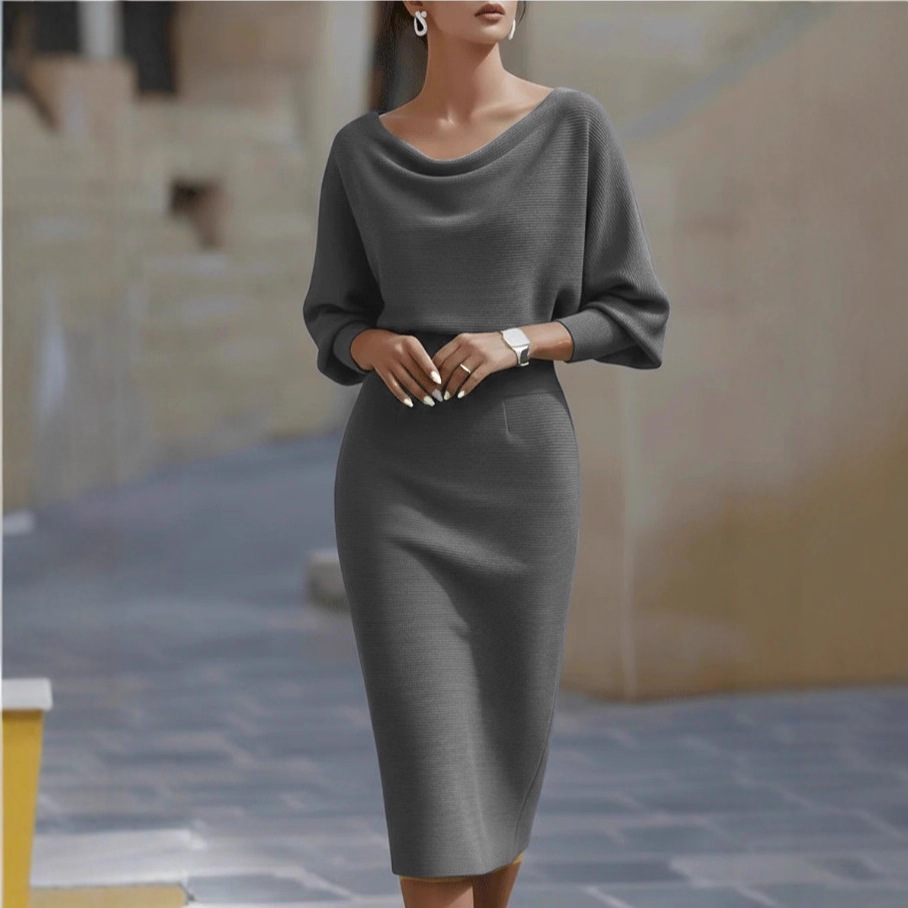 Biancelle - Draped Batwing Sleeve Midi Dress