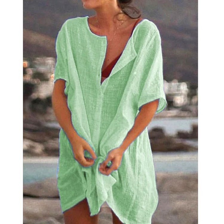 Women Loose Fit Tunic Midi Dress Casual Summer V-Neck Short Sleeve
