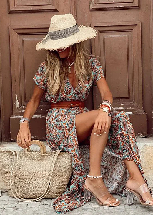 Women Paisley Belted Casual Maxi Dress Summer Boho - Image 7