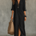 Women Black Button Front Boho Long Sleeve Shirt Maxi Dress