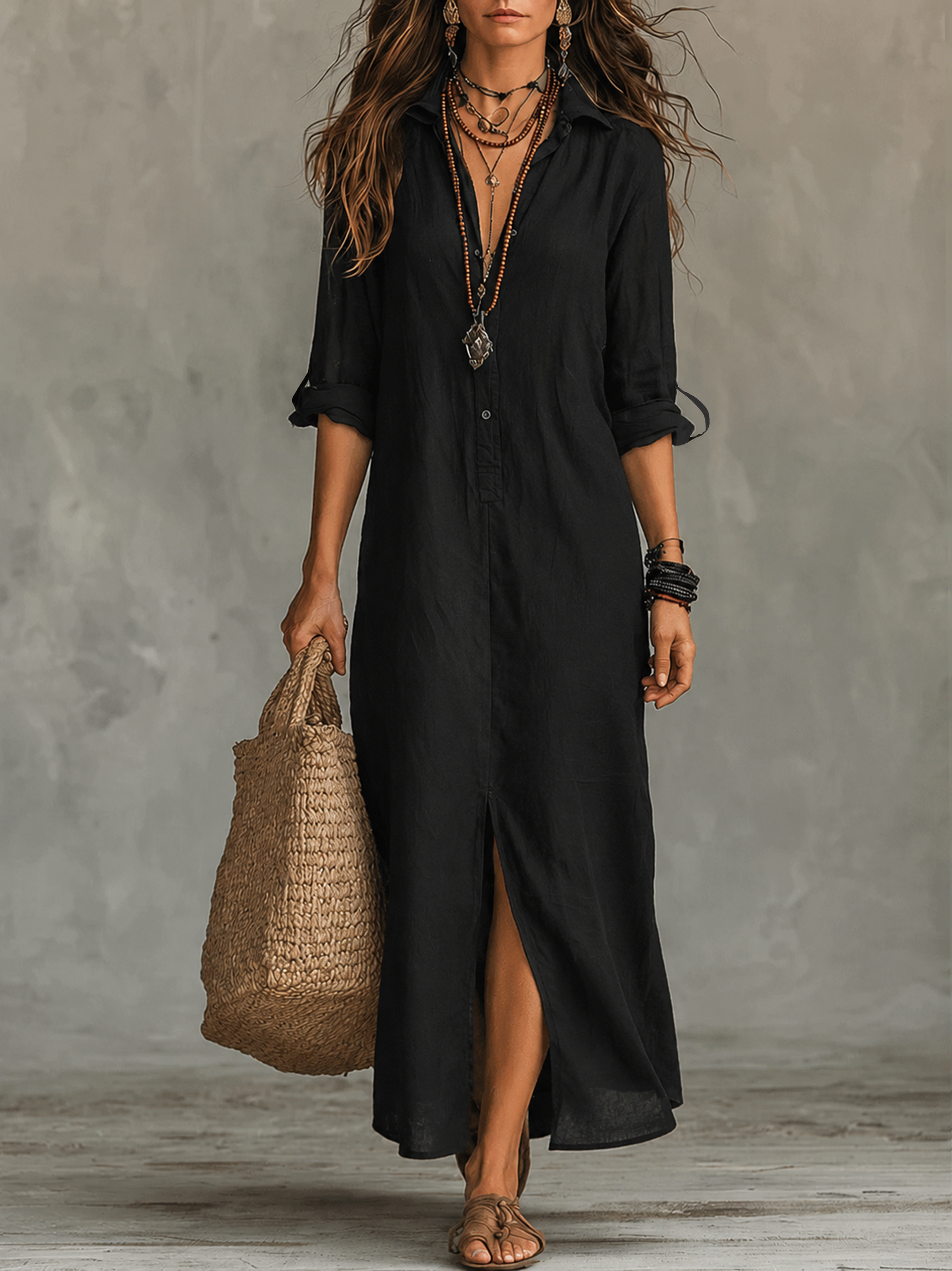 Women Black Button Front Boho Long Sleeve Shirt Maxi Dress