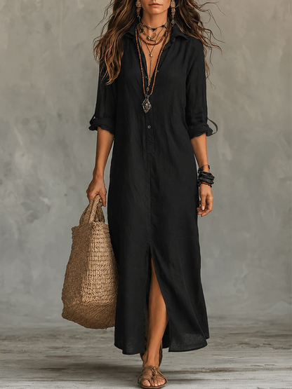 Women Black Button Front Boho Long Sleeve Shirt Maxi Dress