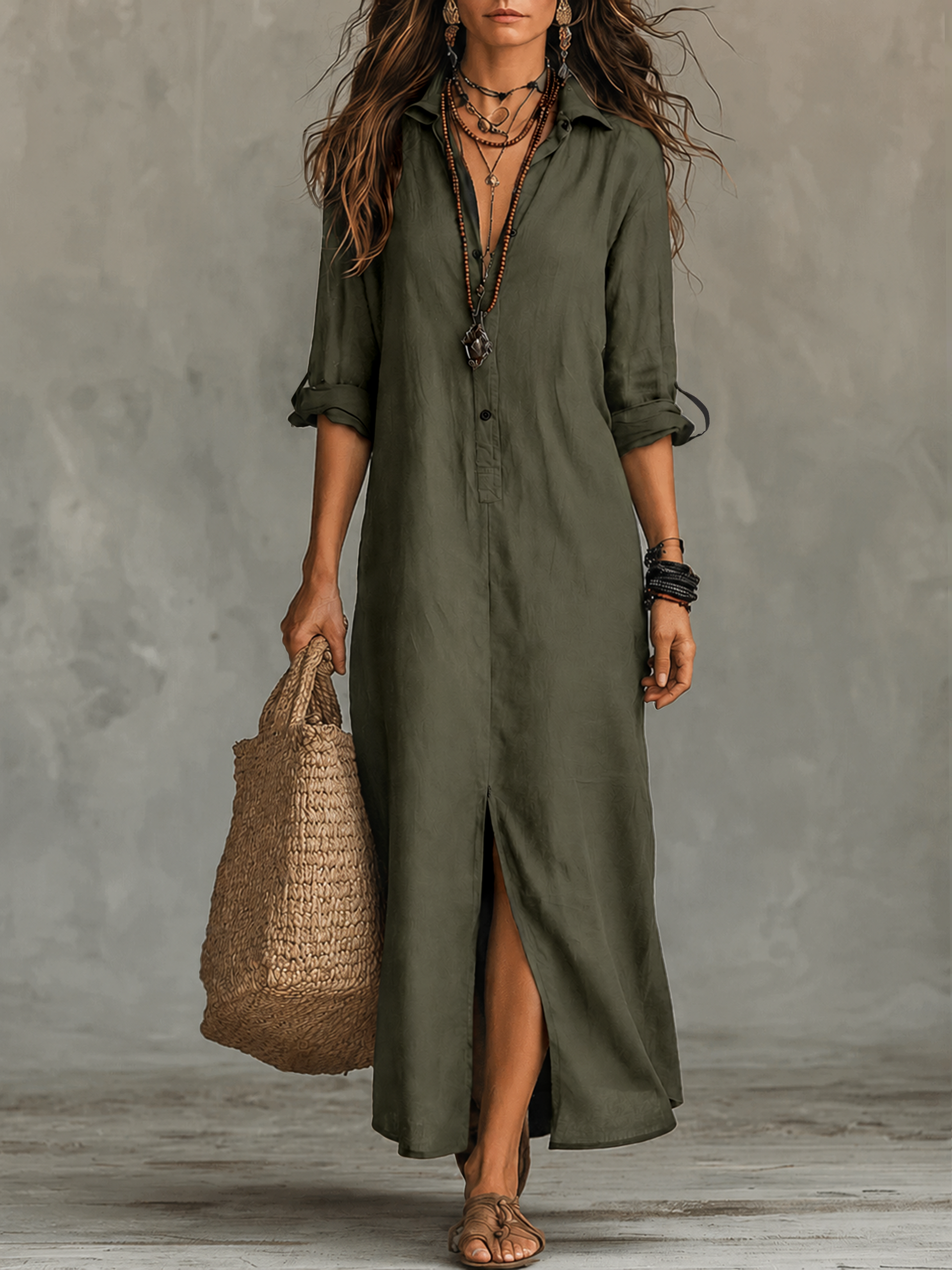 Women Black Button Front Boho Long Sleeve Shirt Maxi Dress - Image 8