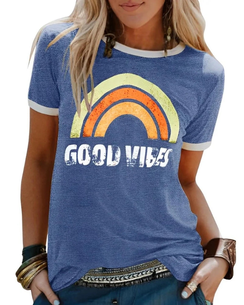 Calira - Camiseta de verano para mujer con estampado y manga corta