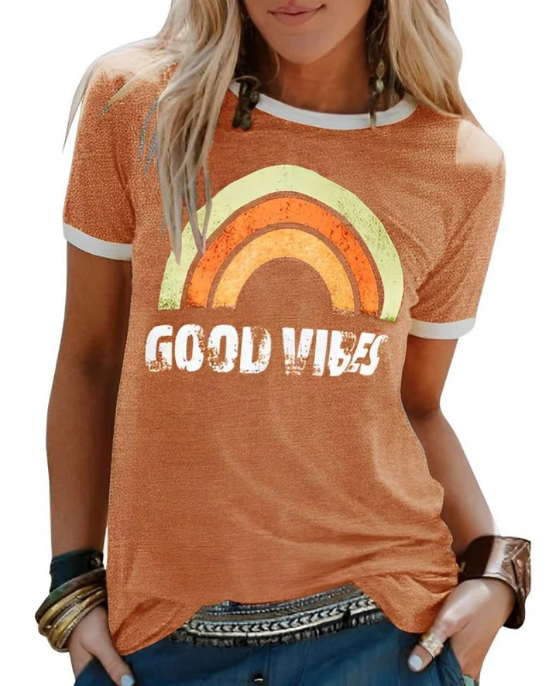 Calira - Camiseta de verano para mujer con estampado y manga corta