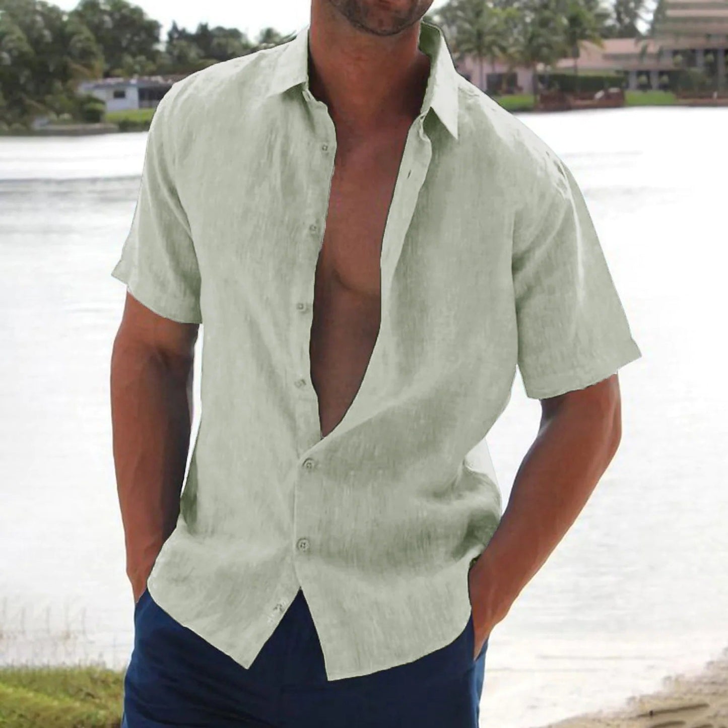 Larvane - Chemise homme en lin à manches courtes