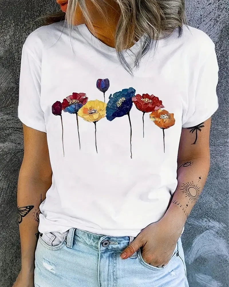 Marisa - T-shirt estiva da donna a maniche corte con motivo floreale