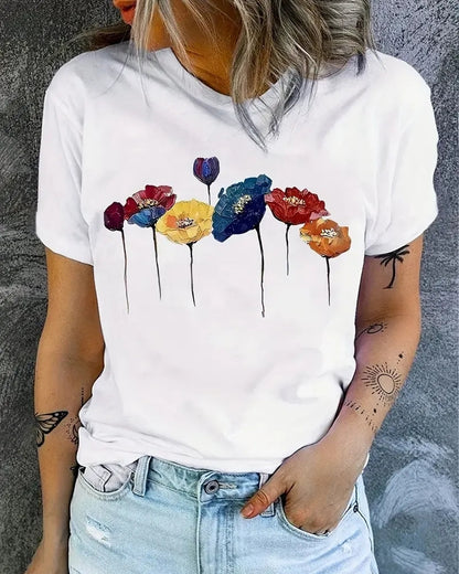 Marisa - T-shirt estiva da donna a maniche corte con motivo floreale