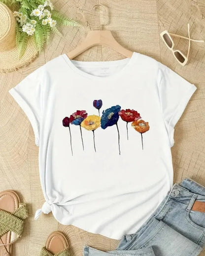 Marisa - T-shirt estiva da donna a maniche corte con motivo floreale