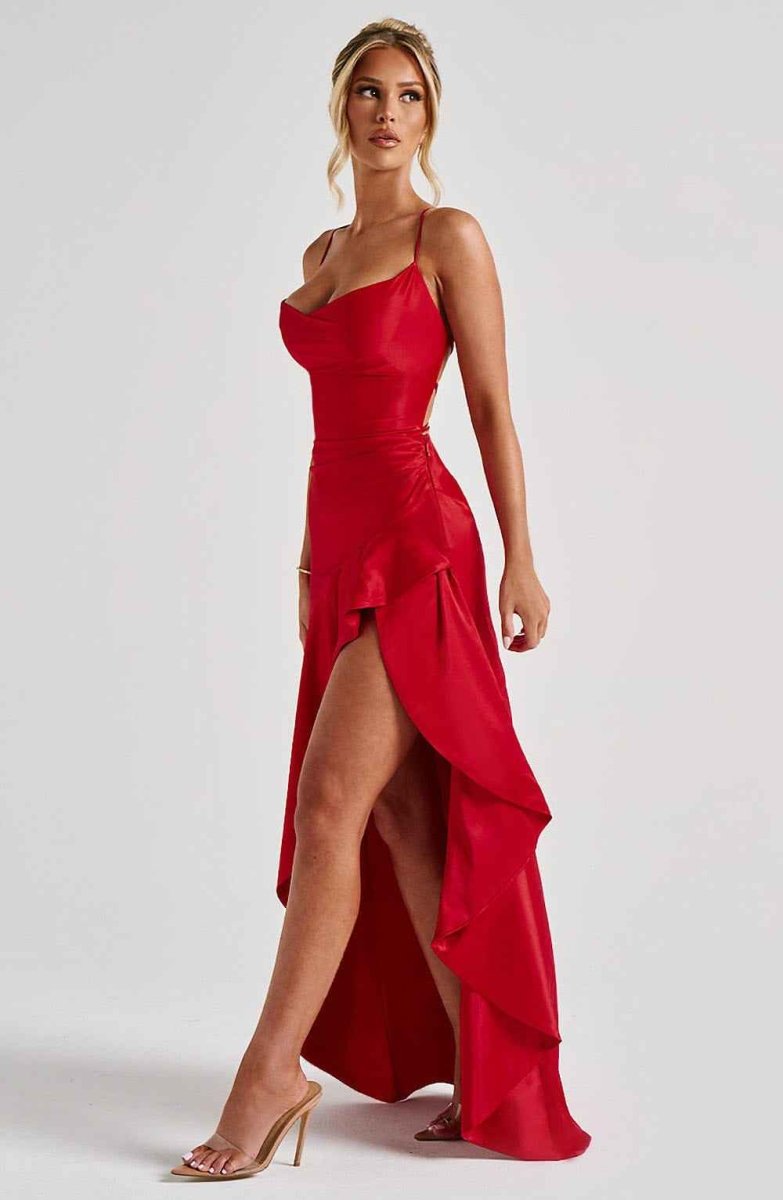 Women Satin Maxi Dress Spaghetti Strap Slit - Image 15