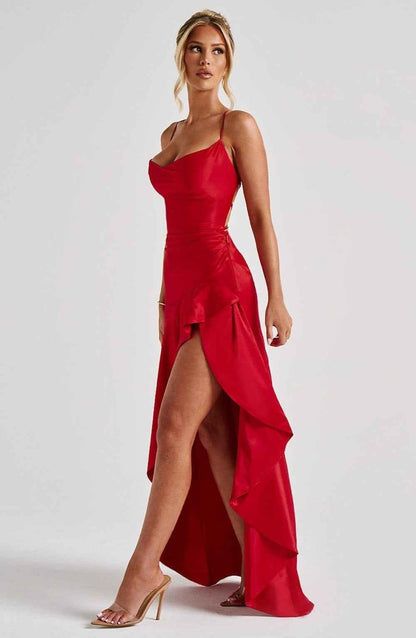 Women Satin Maxi Dress Spaghetti Strap Slit - Image 15