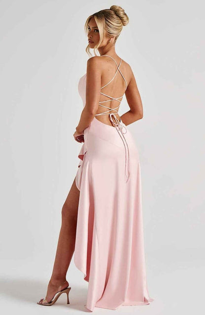Women Satin Maxi Dress Spaghetti Strap Slit - Image 12