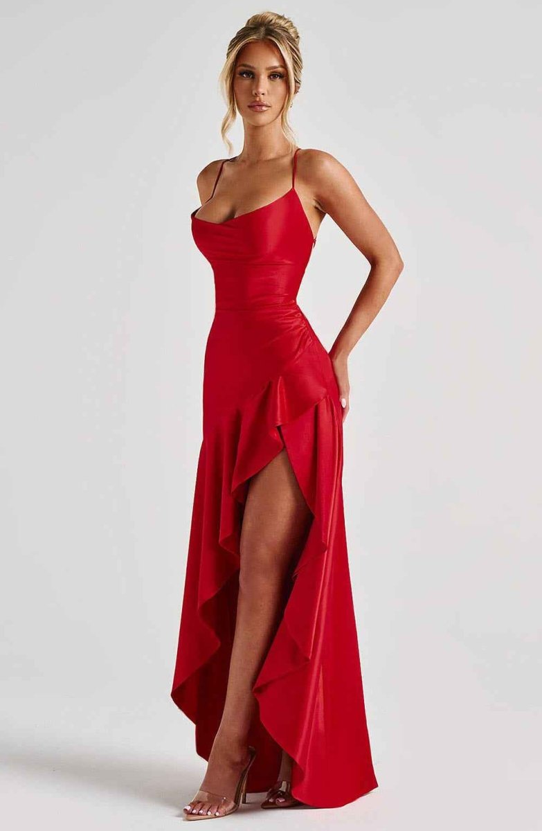 Women Satin Maxi Dress Spaghetti Strap Slit - Image 3