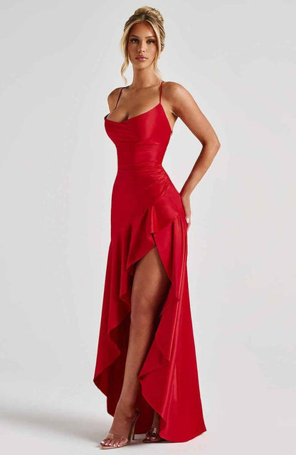 Women Satin Maxi Dress Spaghetti Strap Slit - Image 3