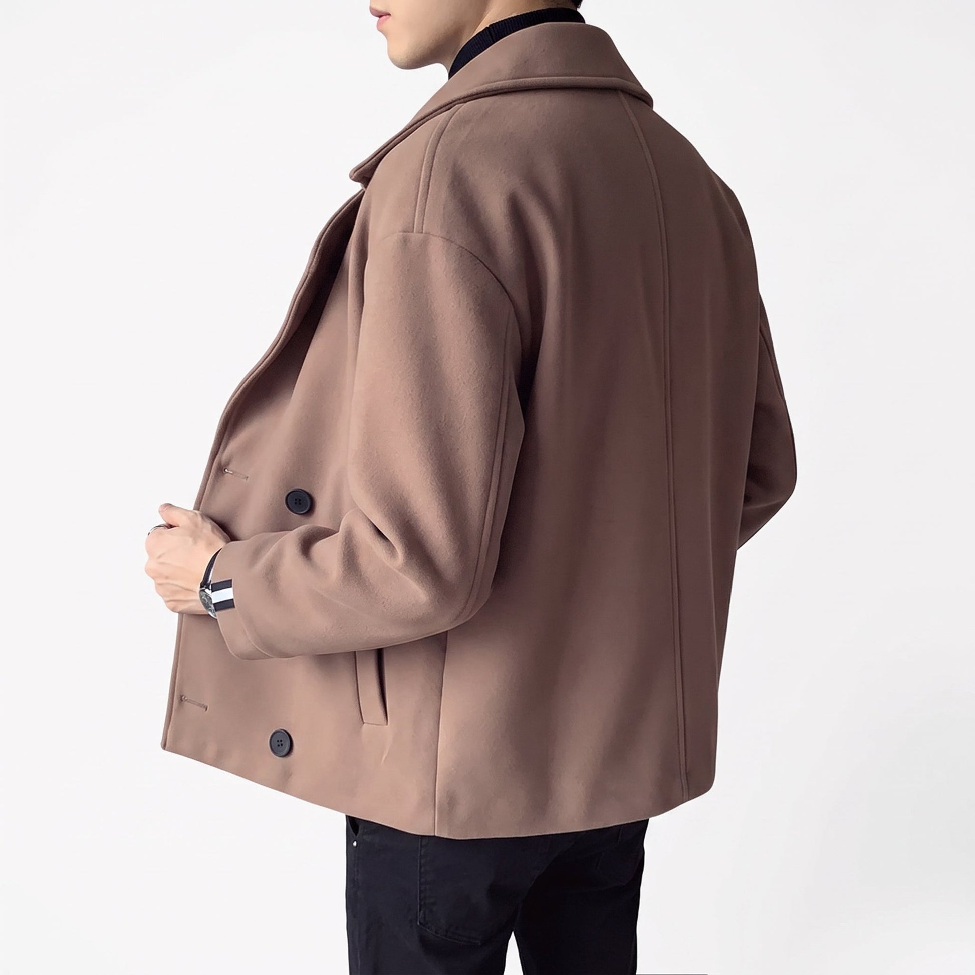 Men's Cropped Double-Breasted Trench Coat Wide Lapels - Image 2