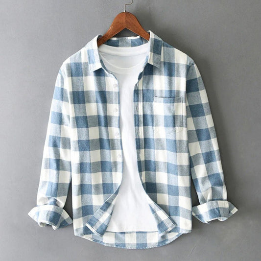 Men's Long Sleeve Plaid Button Up Shirt Spread Collar