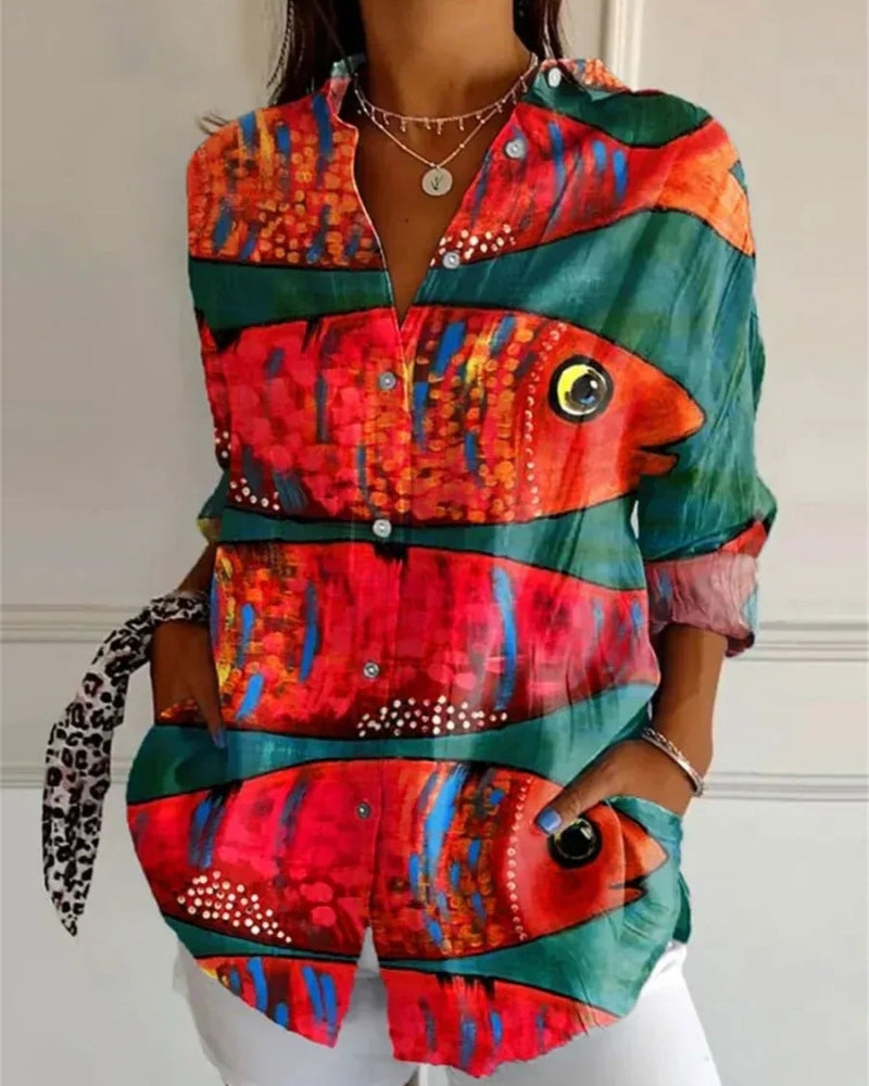Virela - Damebluse med langærmet allover-print
