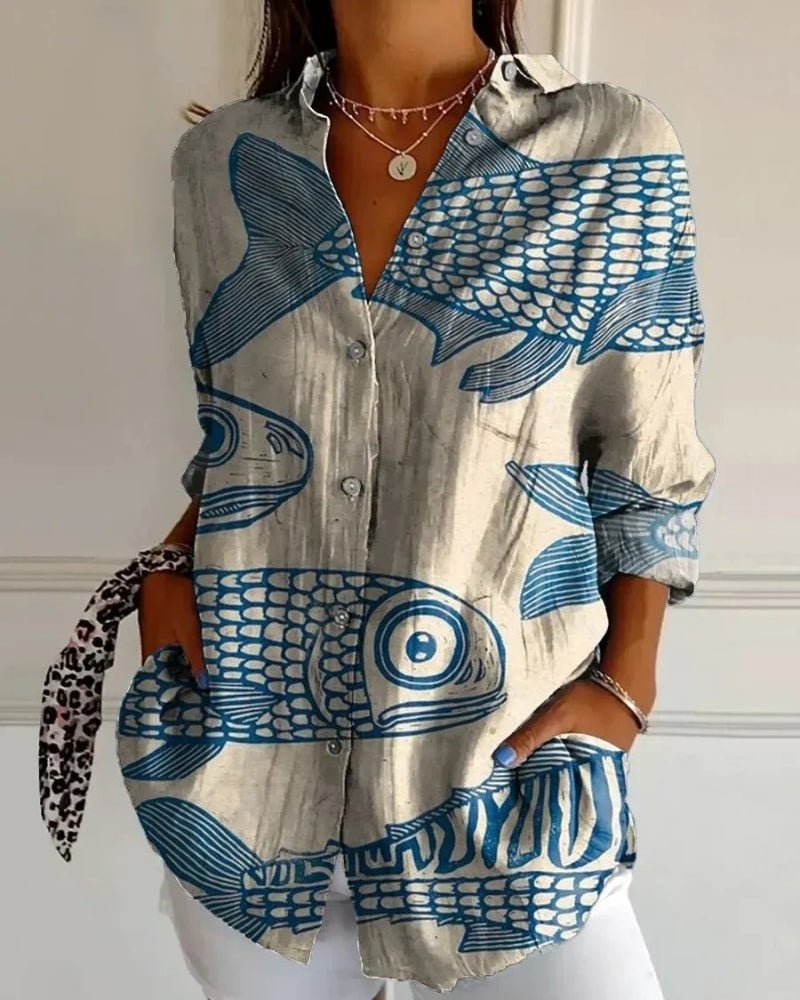 Virela - Damebluse med langærmet allover-print