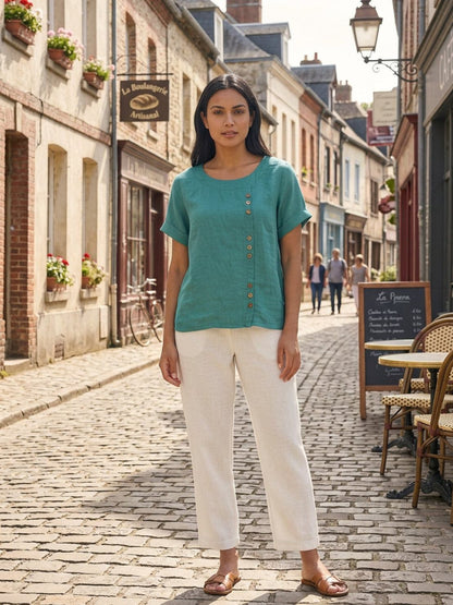 Elarish - Hørbluse med rund hals og knapper