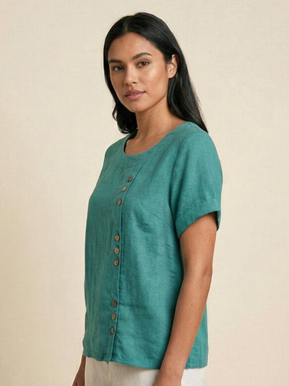 Elarish - Hørbluse med rund hals og knapper