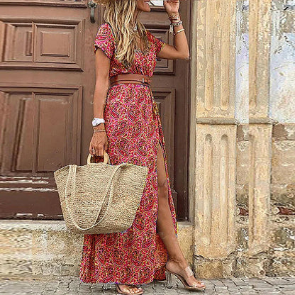 Women Paisley Belted Casual Maxi Dress Summer Boho - Image 4