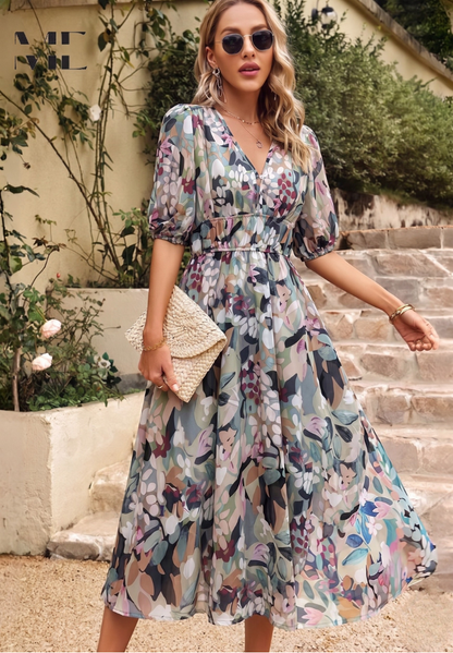 Roxelle - Abito Midi Floreale con Maniche a Sbuffo